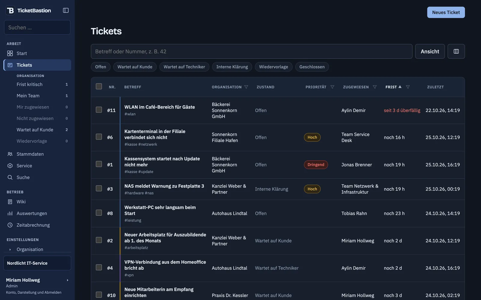 Ticketliste nach Frist sortiert: oben ein seit drei Tagen überfälliges Ticket der Bäckerei Sonnenkorn, darunter Tickets mit Priorität, Zuständigen und Restzeit