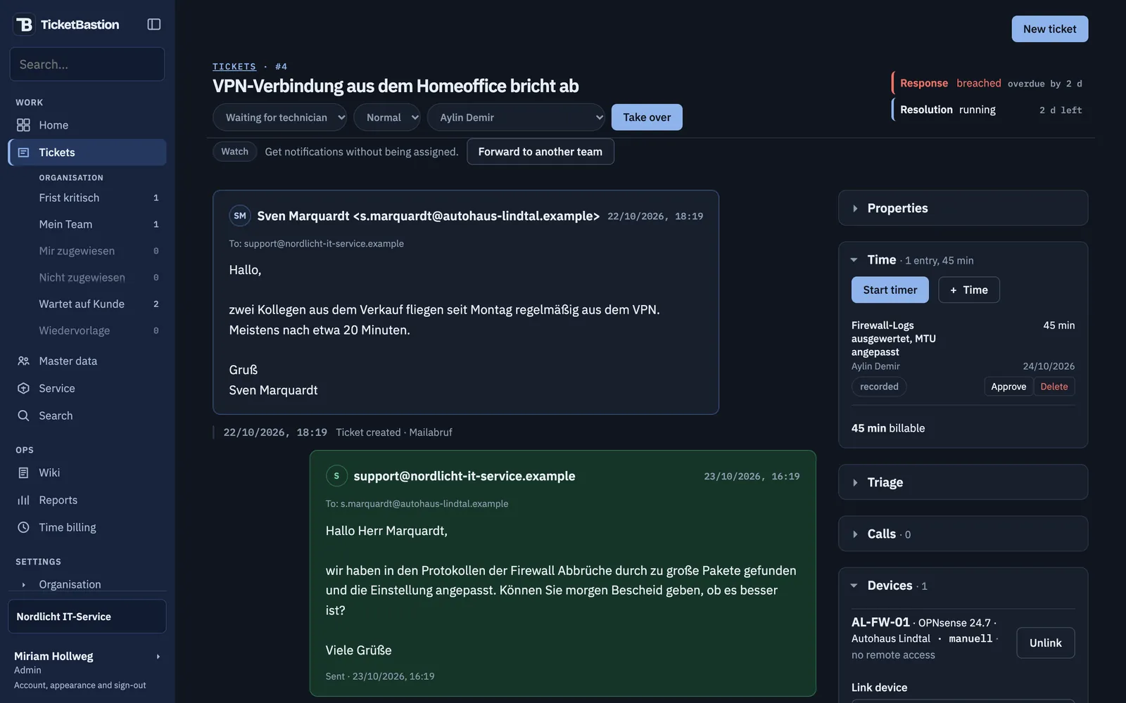 Ticket “VPN connection from home office keeps dropping” from Autohaus Lindtal: the customer's email, the reply from the support mailbox, a breached response deadline, 45 minutes of logged time and the linked firewall