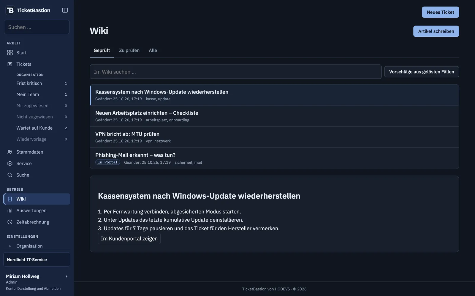 Wiki-Artikel „Kassensystem nach Windows-Update wiederherstellen“ mit drei Schritten und der Freigabe für das Kundenportal