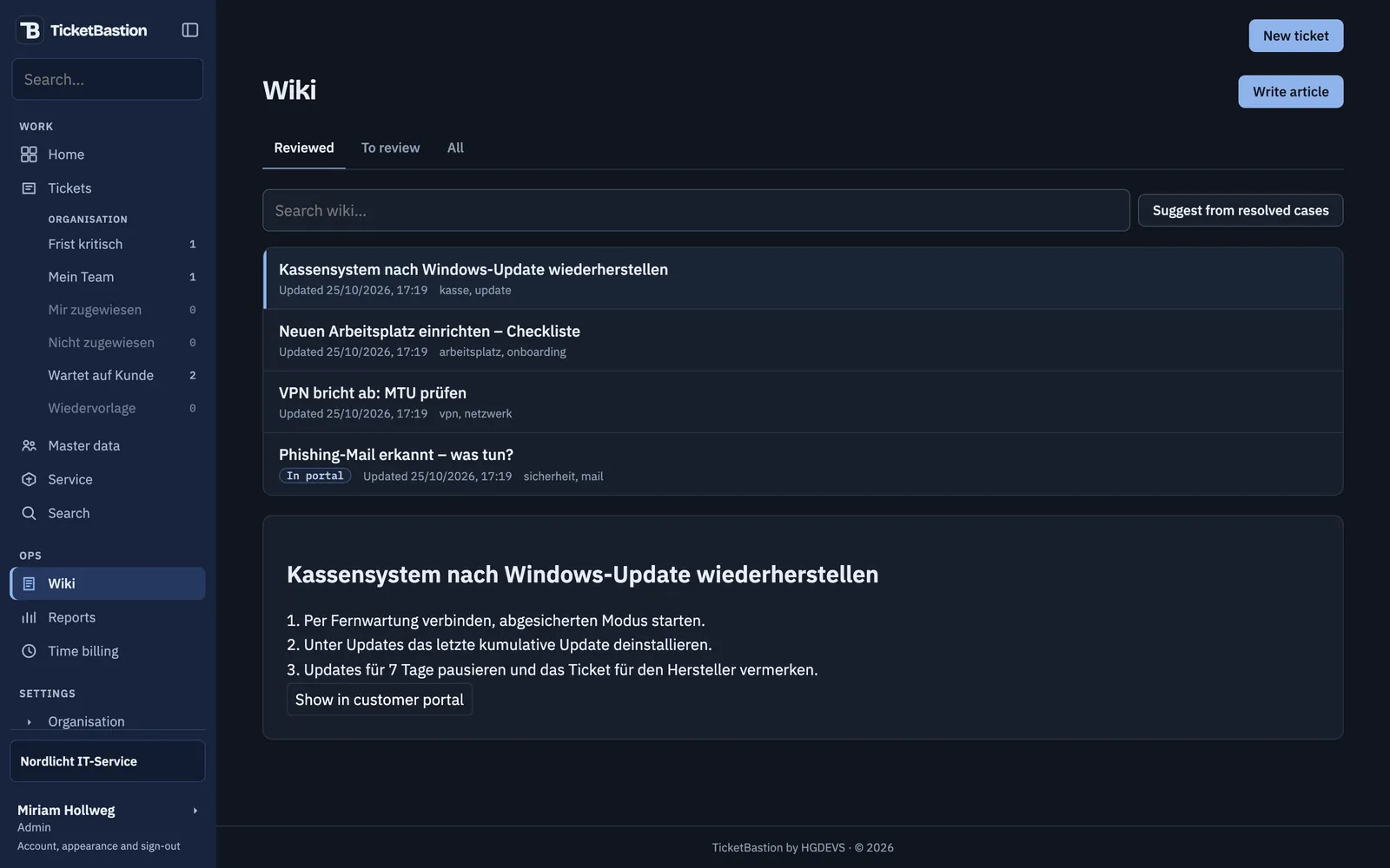 Wiki article “Restore the till system after a Windows update” with three steps and the release for the customer portal